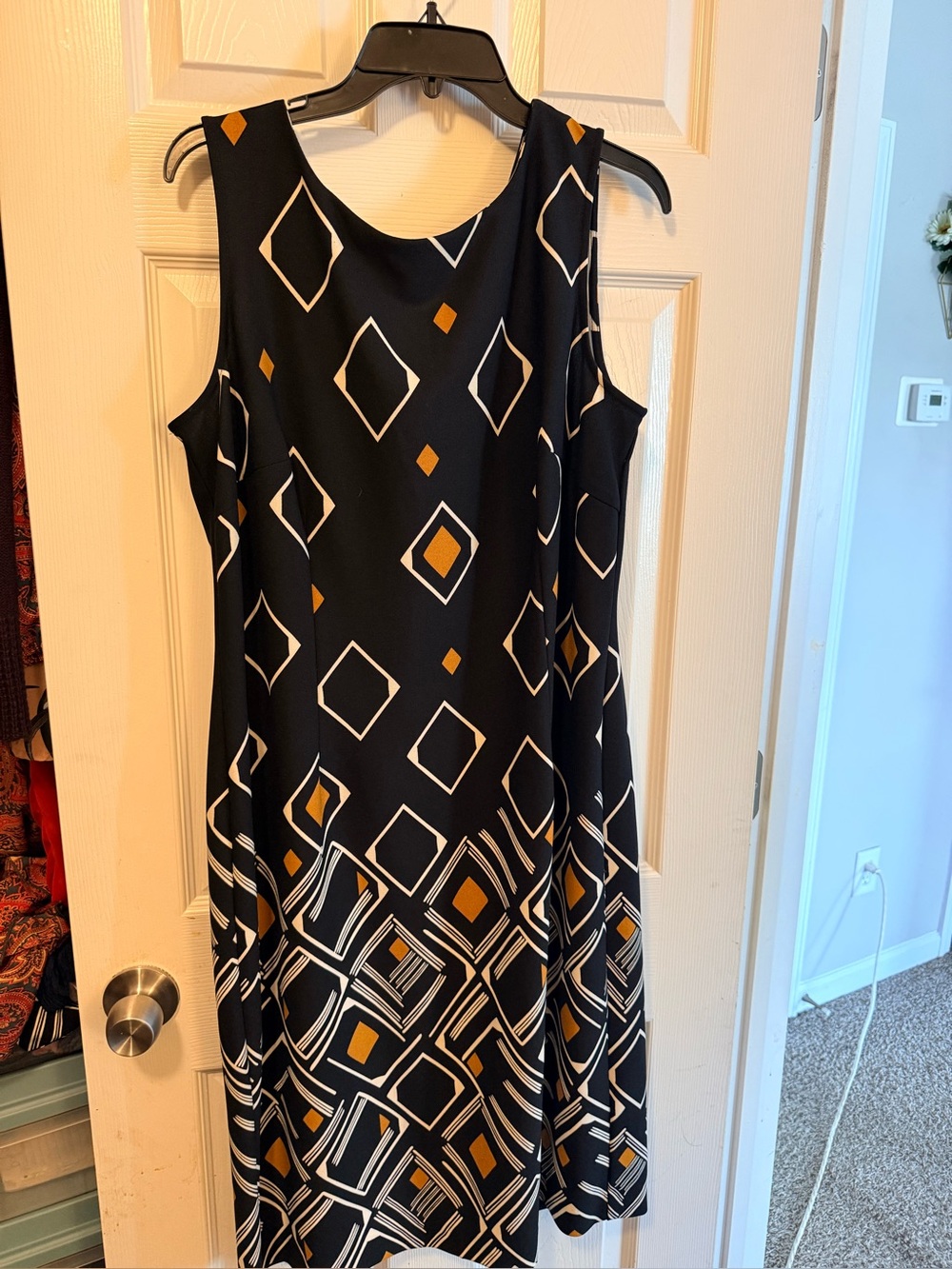 Maya Brooke Sleeveless Black A-Line Dress with Mustard and White Geometric Print